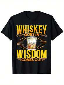 Black T-Shirt With Yellow Whisky Print: Perfect For Bourbon Enthusiasts, Casual Crew Neck T-Shirt For Scotch Whisky Aficionados, Ideal For Whisky Tasting Events And As A Gift. - 黑色 - 查看 6