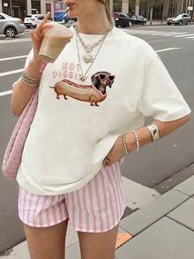 Hot Diggity Women's Summer Short Sleeve Dachshund Cartoon T-Shirt, Comfortable, Soft, Round Neck Casual Women's Clothing - Urban Vintage Style, Unisex, Loose Fit, Cotton, Short Sleeve, Round Neck. - 白色 - 查看 1
