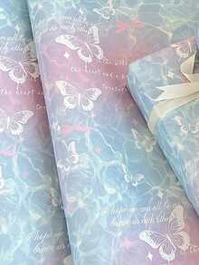 6 Sheets Butterfly Pattern Gift Wrapping Paper, Light Blue Butterfly Pattern Wrapping Paper, White Butterfly Ribbon Gift Wrapping Paper, Suitable For Birthday, Bridal, Baby Shower, Wedding, Gift Wrapping Supplies - Multicolor - View 3