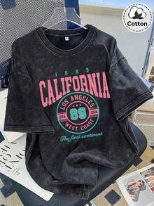 Women's Vintage Washed Cotton Short-Sleeve T-Shirt With Fun, Stylish, And Unique Anime Prints. California Graphic Tees, Los Angeles 89, West. Comfortable 100% Washed Cotton T-Shirt For Men. - 黑色 - 查看 1