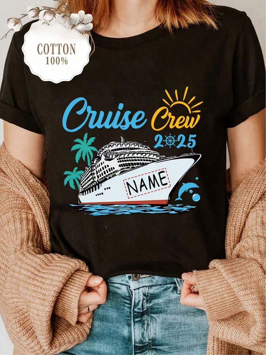 100% Cotton Summer T-Shirt For Women/Men [Personalized Product] Customization With A Carnival Boat Design And Your Desired Text, 100% Cotton T-Shirt, Personalized Name Design T-Shirt. Women's Simple Solid Color T-Shirt, Loose And Slim Fit Casual Short Sleeve - 黑色 - 查看 1