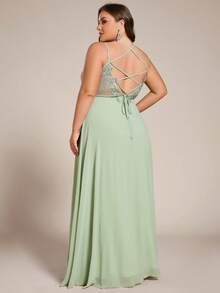 EVERPRETTY Plus Size Backless Lace Tie-Up Multi-Way Chiffon Sleeveless Deep V-Neck Bridesmaid Dress Suitable For Wedding, Vacation, Beach Party - Mint Green - View 2