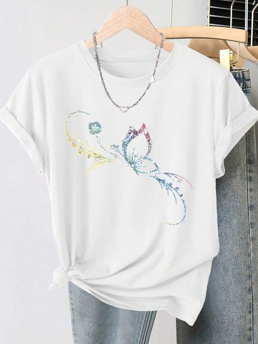 Women's Summer Clothes, Plus Size Women's T-Shirt With Rhinestone Gradient Floral Butterfly Print, Round Neck, Short Sleeve, Casual Style, Versatile Modern Retro Top For Daily Travel Vacation (Optional 1XL-5XL) - 白色 - 查看 1