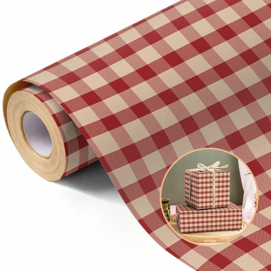 5m Rollo de papel de regalo, patrón a cuadros rojos de una sola cara, papel kraft de 43cm x 500cm, papel de regalo grueso DIY, adecuado para regalos de Navidad, regalos de Año Nuevo, regalos de cumpleaños, fiestas de novias, decoración de regalos, universal para vacaciones - Cuadros rojos - 5 m - Ver 1