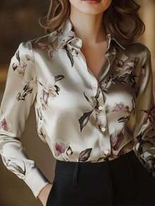 1 Piece Of Long-Sleeved Button-Down Shirt With Floral Print, Suitable For Dates, Holidays, Birthdays, Parties, Travel, Spring/Autumn Vacation. - 香檳色 - 查看 5
