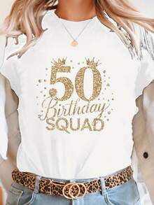 Women's 50th Birthday T-Shirt - Fun Number 50 Print, Casual Short-Sleeved Crew Neck Top, Celebrates Fifty Years, Comfortable And Machine Washable. Elegant Party Outfit, T-Shirt For Stylish Ladies, Blouses Suitable For Curvy Women, Casual Wear, Cool And Sweat-Free Summer Wear, Fun Letter Print. - 白色 - 查看 6