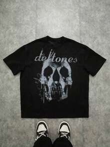 Skull Print Shirt, Men's Casual Crew Neck Printed T-Shirt, 100% Cotton, Y2K Men's Clothing, Gift For Men - 黑色 - 查看 1