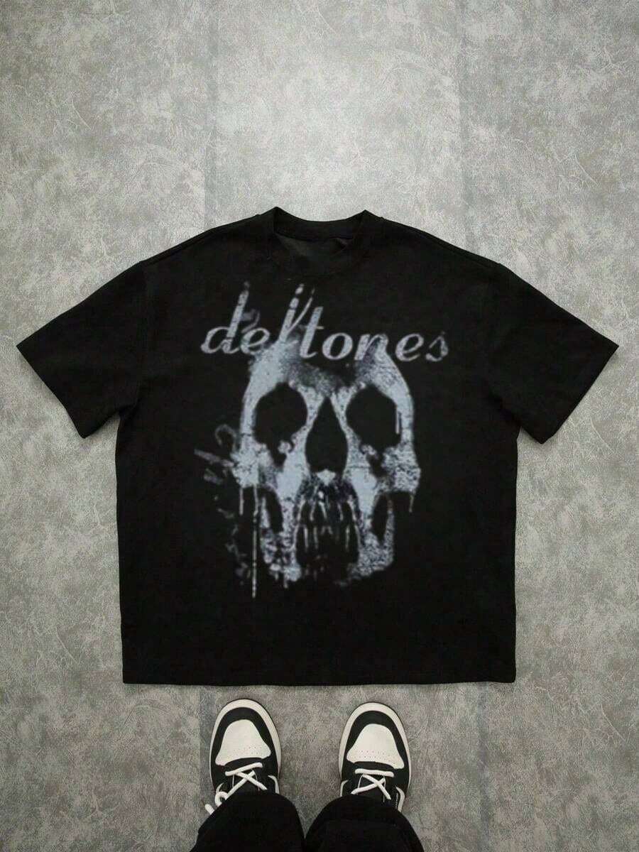 Skull Print Shirt, Men's Casual Crew Neck Printed T-Shirt, 100% Cotton, Y2K Men's Clothing, Gift For Men - 黑色 - 查看 1