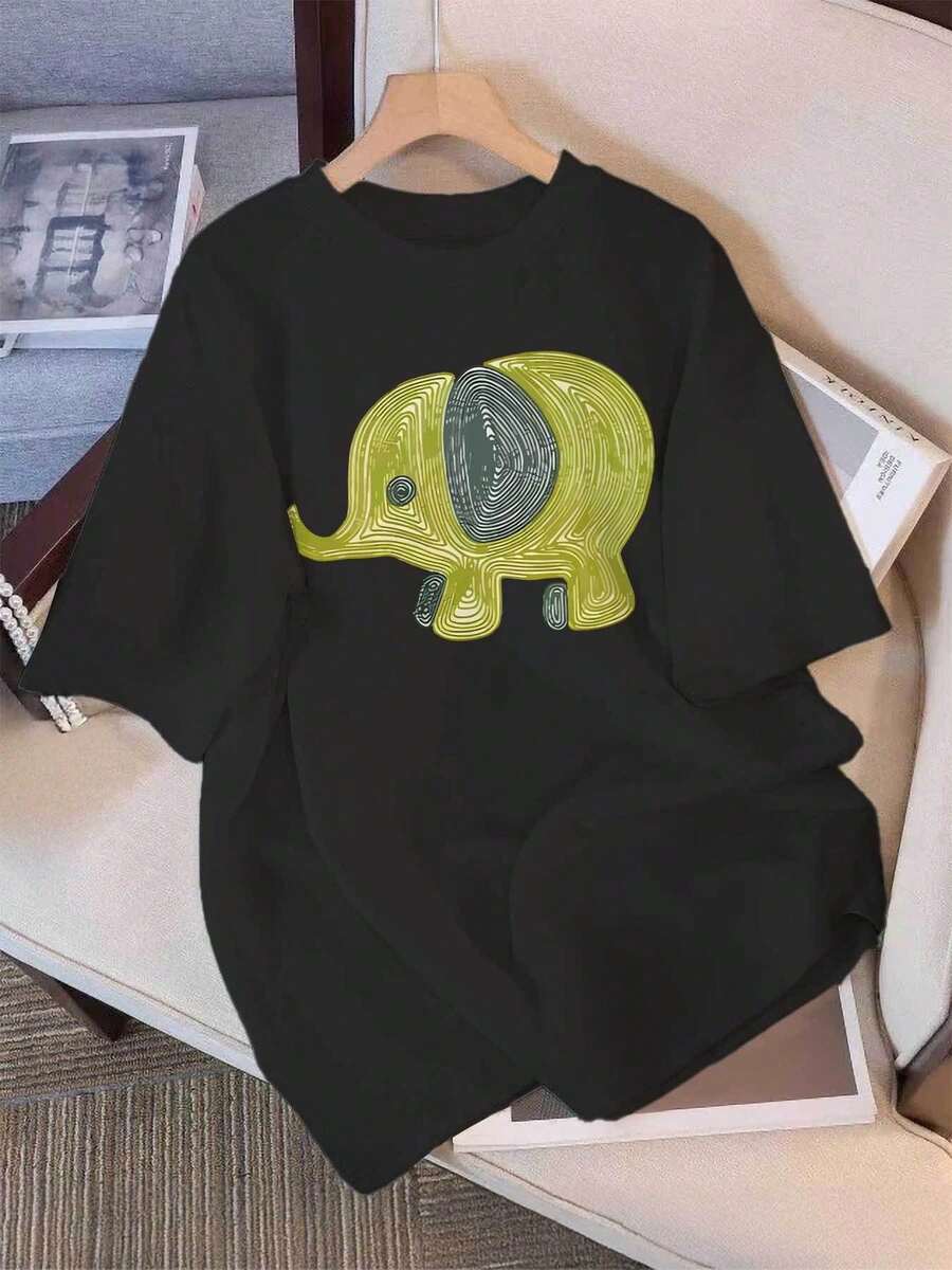 Graphic Print T-Shirt, Casual Short Sleeve Round Neck Top For Summer And Spring, Women's Clothing - 黑色 - 查看 1