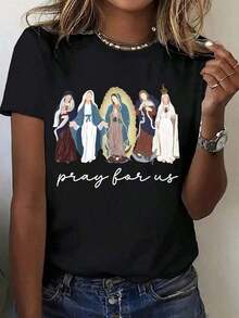 Women's Solid Color Crew Neck Short Sleeve T-Shirt, Casual Loose Fit, With Cartoon Print Of The Virgin Mary, Religious Style, White, Vintage Summer Style, Unisex, 100% Cotton - 黑色 - 查看 1
