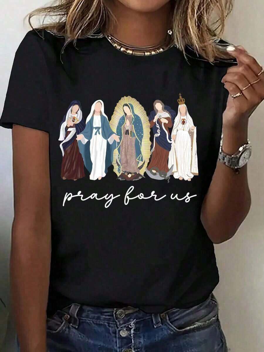 Women's Solid Color Crew Neck Short Sleeve T-Shirt, Casual Loose Fit, With Cartoon Print Of The Virgin Mary, Religious Style, White, Vintage Summer Style, Unisex, 100% Cotton - 黑色 - 查看 1
