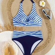 Sexy Bikini For Women, Striped Design With Deep V-Neck, Halter Neck And Quick-Drying Fabric - Blue - View 2