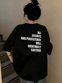 Camiseta negra informal de manga corta con cuello redondo para hombre,Camisetas Para Mujer Camiseta casual motivacional negra con mensaje positivo estilo oversized moderna ajustable cómoda para jóvenes y adultos talla única diseño unisex  moda 2023 - Negro - Ver 1
