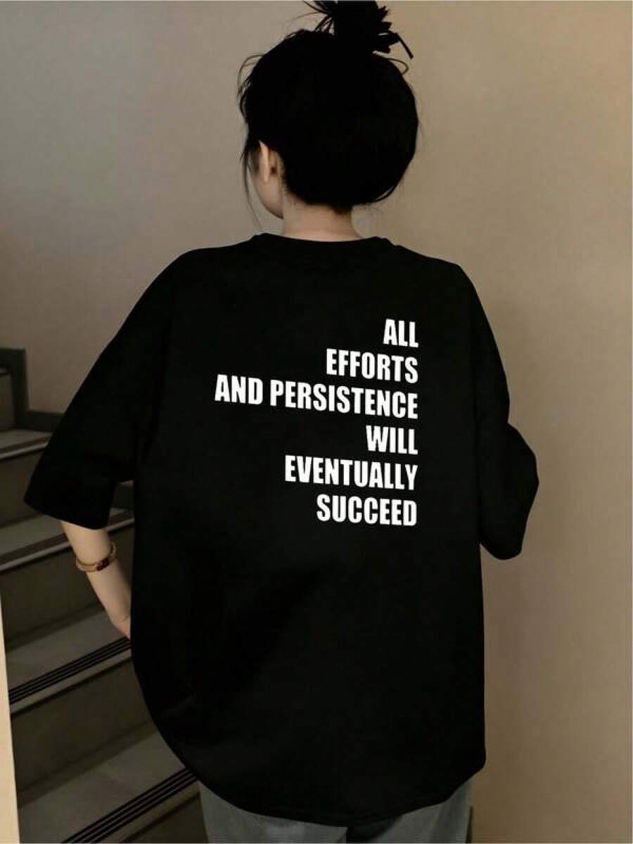 Camiseta negra informal de manga corta con cuello redondo para hombre,Camisetas Para Mujer Camiseta casual motivacional negra con mensaje positivo estilo oversized moderna ajustable cómoda para jóvenes y adultos talla única diseño unisex  moda 2023 - Negro - Ver 1