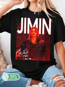 / Jimin Red Stage Photo Signature Tee, Black Cotton T-Shirt, ARMY Fan Merch - Black - View 1