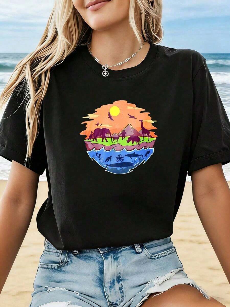 Plus Size Women's Spring/Summer T-Shirt, Premium Minimalist Style, Natural Wildlife Print, Ideal For Outdoor Adventures, Zoos/Aquariums, Unique Style Short Sleeve Top, Perfect For Daily Travel And Photoshoots. Gift Idea. - 黑色 - 查看 1