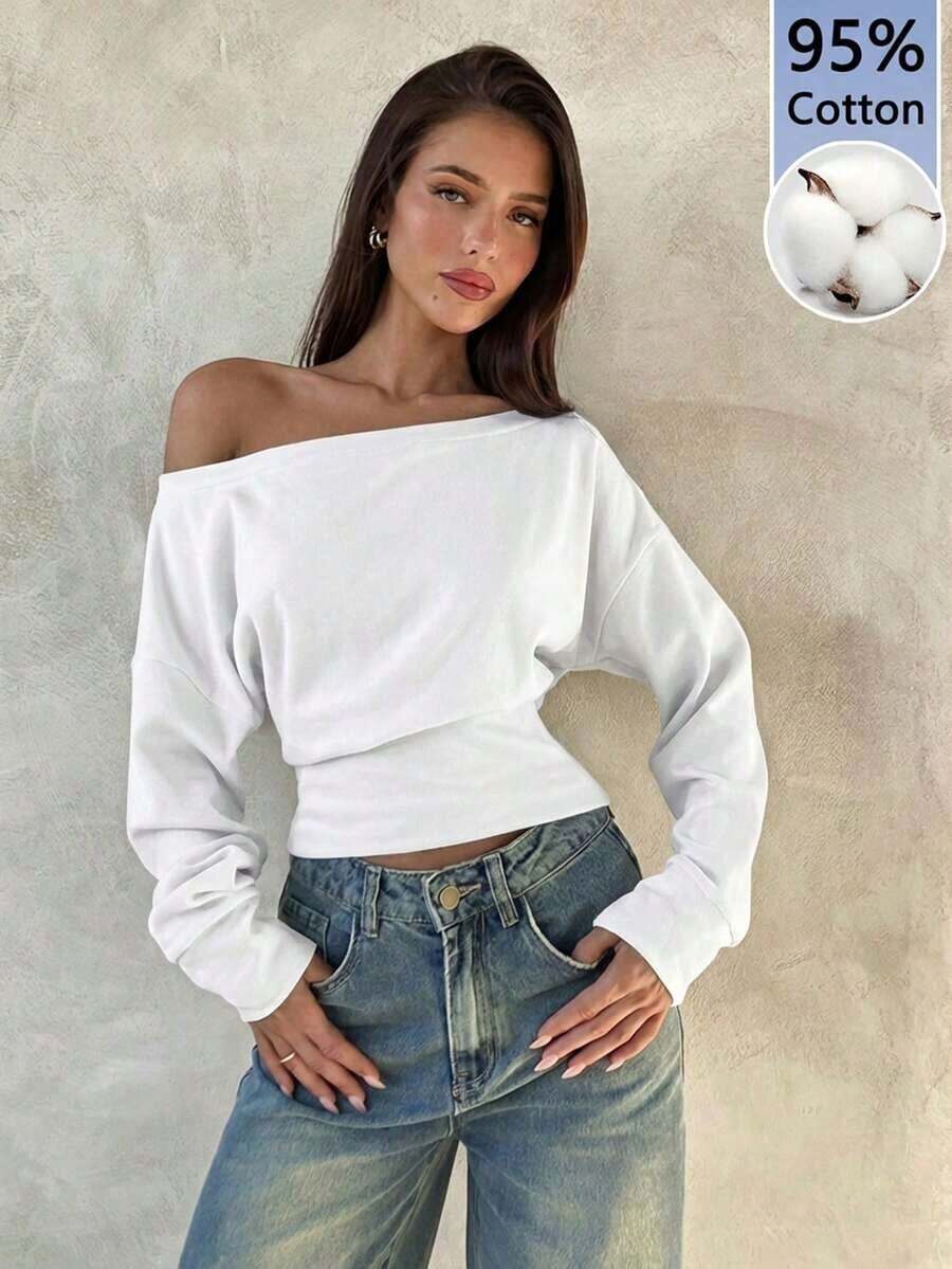 Top de manga larga asimétrico de hombro de punto de color albaricoque para mujer, otoño/invierno - Blanco - Ver 1
