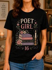 Camiseta Estampada para Mujer - Camiseta Casual de Manga Corta y Cuello Redondo en Negro con Colorido Diseño POET GIRL, Corte Relajado para Todas las Estaciones, Perfecta para el Uso Diario o Atuendos de Vacaciones (Lavable aáquina). - Negro - Ver 6