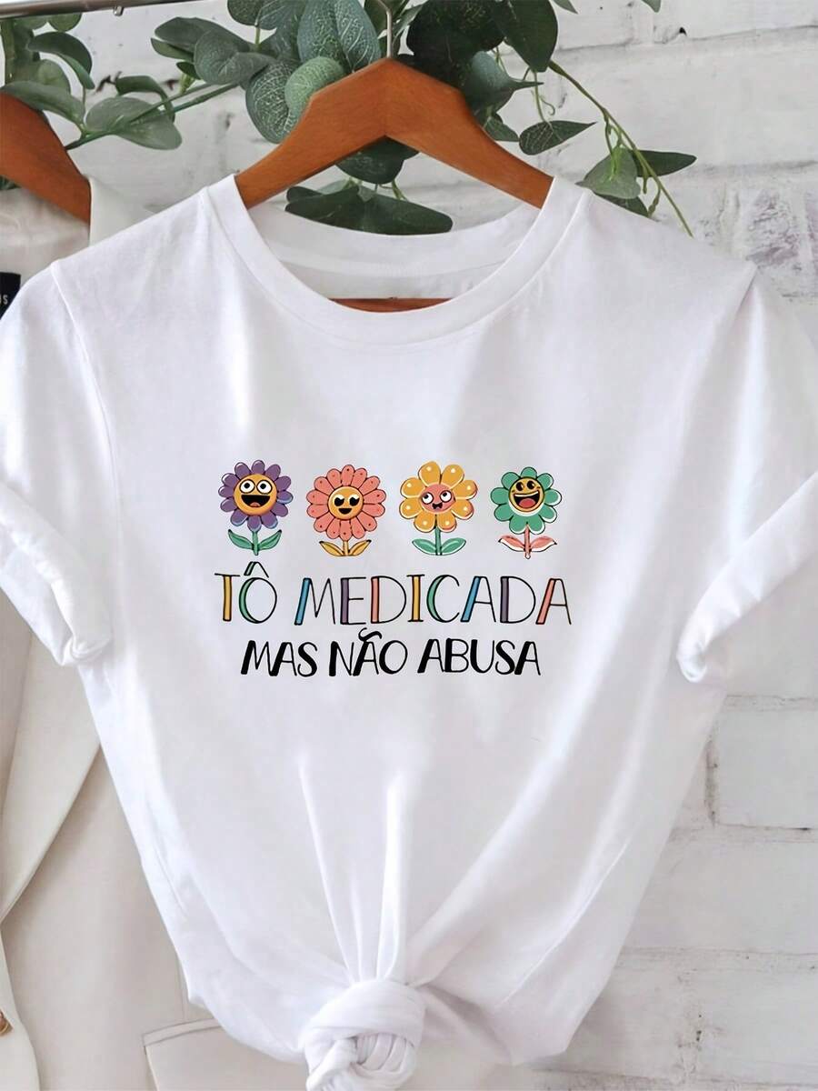 Women's T-Shirt With Letter Print "I'm Taking Medication But Don't Pressure Yourself", Short Sleeve, Round Neck, Casual Style For Summer And Spring, Women's Clothing, Casual Printed T-Shirt, Short Sleeve And Round Neck, Local Urban Spring/Summer Fashion. - 白色 - 查看 1