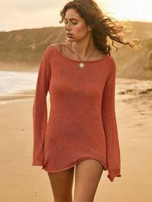 Vestido de playa de punto semitransparente y ligero para vacaciones - Rojo - Ver 8