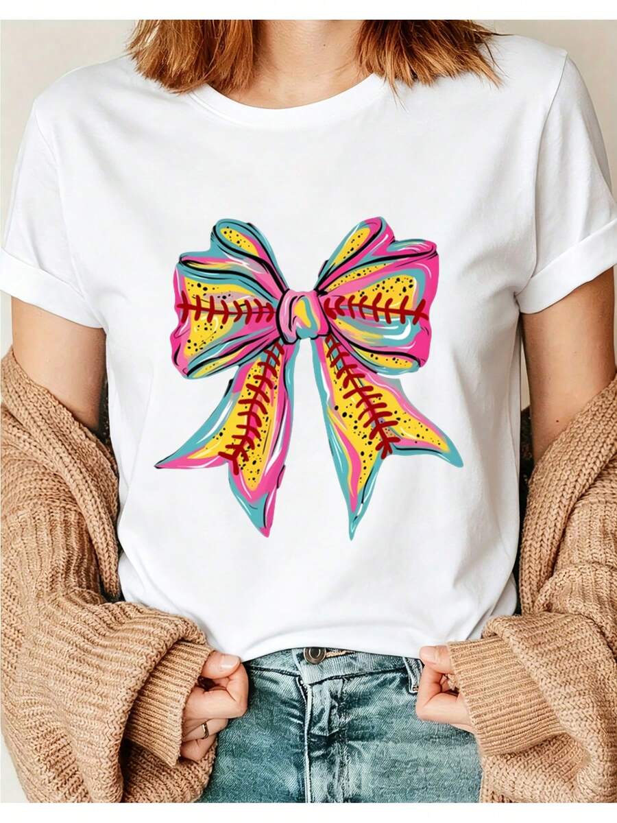 Women's Casual Sports T-Shirt In White With Colorful Bow Graphic - Elastic Crew Neck T-Shirt, Machine Washable, Comfortable Fit And Perfect For All Seasons, To Match With Denim Jeans. - 白色 - 查看 1