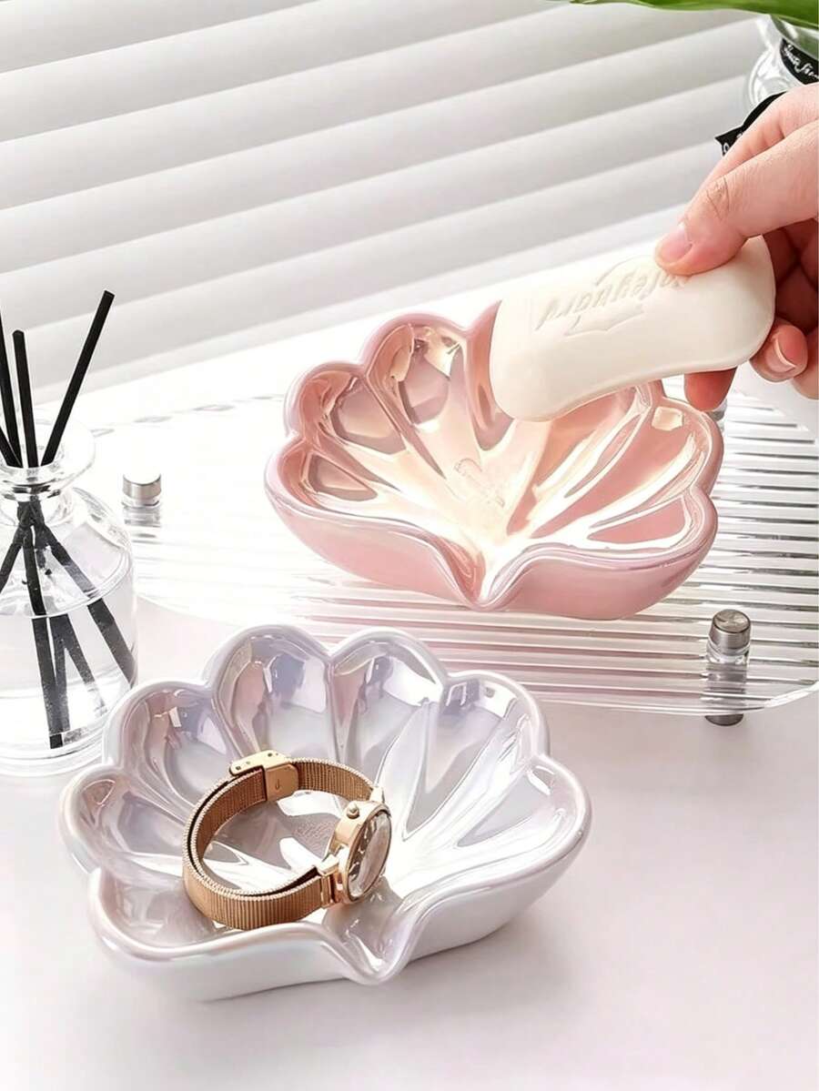 No-Drill Bathroom Countertop Leaf Pattern Plastic Soap Dish, Can Hold Soap, Toothbrush And Toiletries, Modern Home Decor, Soap And Toiletries Storage, Decorative Sink Accessory, Smooth Surface - Multiple Styles - View 1