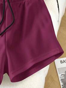 Conjunto casual diario de top de manga corta de cuello redondo de unicolor y shorts con cordón en la cintura para mujer - Rosa Fucsia - Ver 4
