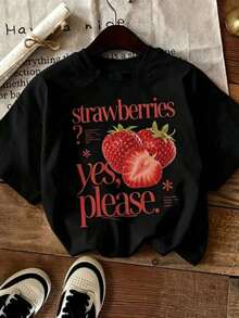 Women's Casual Short Sleeve Camisole - Strawberry Print And Yes Please Design, Round Neck, Relaxed Fit In Light Pink, Soft And Breathable Fabric, Fun Summer Top, Playful Style, No Removable Padding, Graphic Fashion, Comfortable Material, Suitable As A Gift. Women's T-Shirt. Blouses>Elegant. Boho Chic, Soft, Breathable And Comfortable Women's Top, Ideal For Spring, Summer And Autumn, Perfect For Vacations, Travel And Everyday Wear. - 黑色 - 查看 1