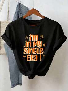1 Piece Of Women's Summer Top, Y2K Style, Cute And Fun. Short-Sleeved Women's T-Shirt With Cartoon Letter Print, Fun And Energetic Design, American Style, With Orange Wave Font. Suitable For Various Occasions, Such As A Gift For Festivals, Birthdays, Music Festivals, Casual Wear, Versatile And Comfortable, For Beach Vacations, Simple And Fashionable, Suitable For Everyday Wear For Women And Girls. Soft. - 黑色 - 查看 2