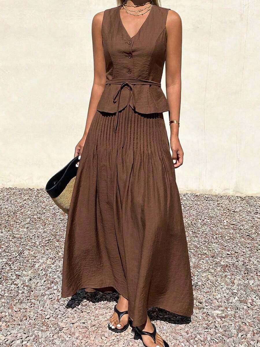 Conjunto de 2 piezas de mujer con falda plisada con cintura anudada y escote en V sin mangas, atuendo de verano para vacaciones - Camel - Ver 1