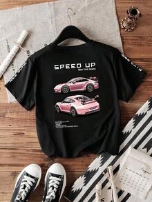 Camiseta gráfica informal de cuello redondo y manga corta con estampado de coche y letras para mujer - Negro - Ver 1