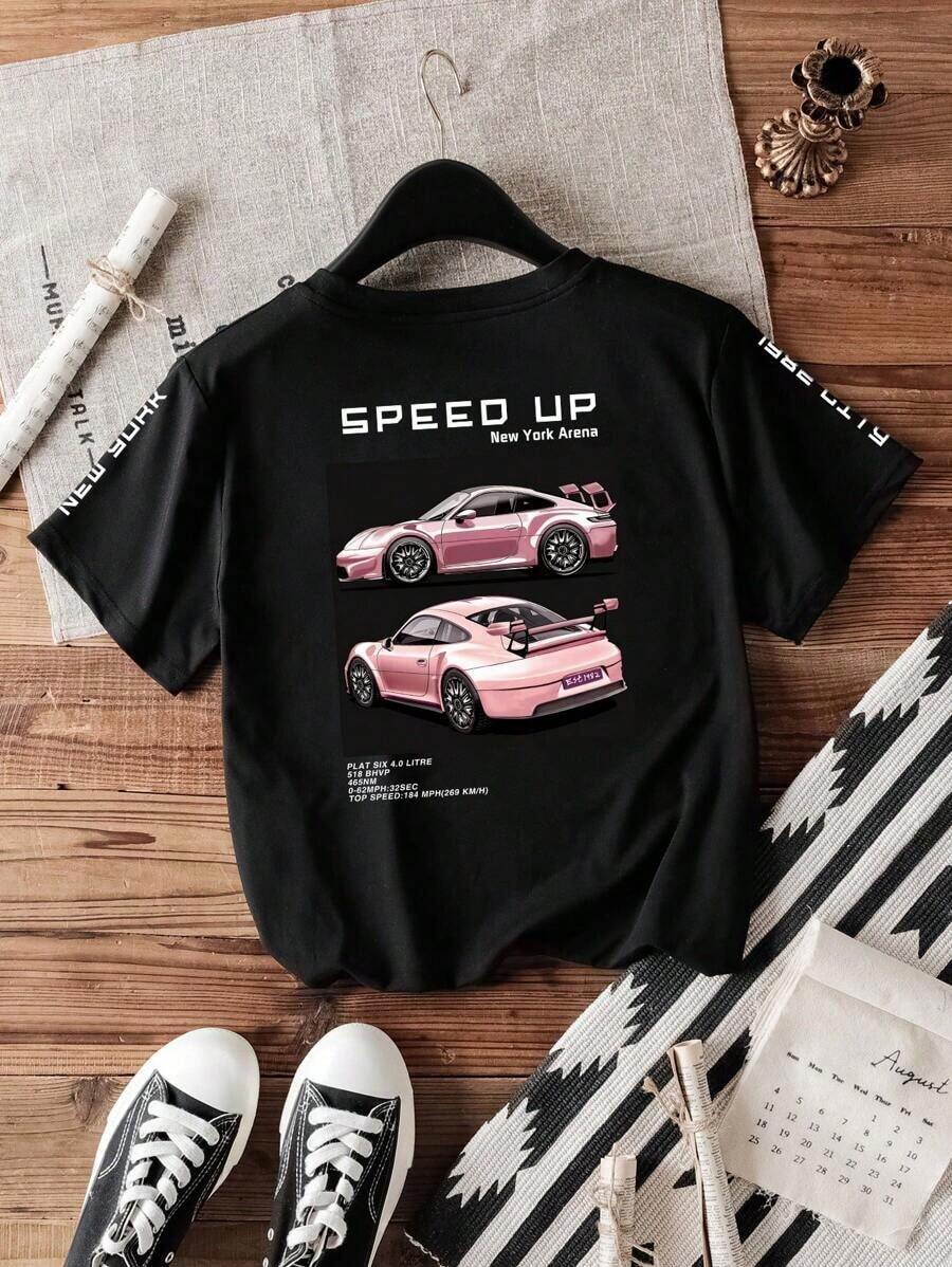 Camiseta gráfica informal de cuello redondo y manga corta con estampado de coche y letras para mujer - Negro - Ver 1