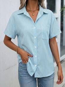 Blusa de mujer con rayas, blusa casual de manga corta, de verano - azul cielo - Ver 4