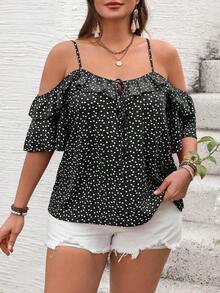 Camiseta romántica con volantes y escote descubierto de corazoncitos para vacaciones, talla grande.Ideal para fiesta casual, picnic o San Valentín. - Negro - Ver 3