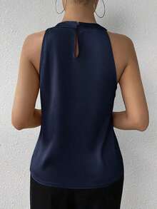 Privé Blusa de satén sin mangas con cuello de volantes de unicolor elegante para la oficina y el trabajo, color champán - Azul marino - Ver 2