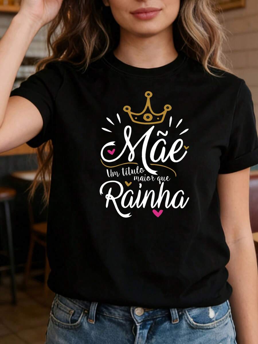 Camiseta de mujer, estampado portugués "Mãe um título maior que Rainha" (Madre es un título mayor que Reina), camiseta de primavera/verano para mujer de talla grande. Adecuada para el Día de la Madre, el cumpleaños de la madre, reuniones familiares, salidas diarias, camisetas de manga corta para ir al trabajo y sesiones de fotos, creando un ambiente elegante. - Negro - Ver 1