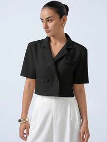 Nueva chaqueta elegante y sofisticada de tela texturizada con cuello de solapa, diseño de espalda cruzada, cintura corta y mangas cortas para estilizar la figura de la mujer - Negro - Ver 3