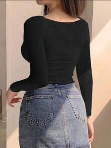 Top de camisola fruncido para mujer, top de cami ajustado y versátil - Negro 2 - Ver 5