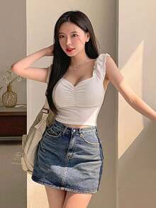 Top de camisola fruncido para mujer, top de cami ajustado y versátil - Blanco - Ver 7