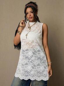 Freevana Blusa sin mangas con estampado floral vintage bohemio y encaje, talla grande, nueva llegada de primavera, adecuada para el Día de San Valentín, festivales de música - Blanco - Ver 5