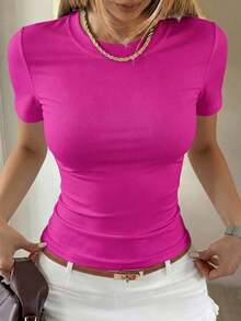 Camiseta de manga corta minimalista de unicolor para mujer, uso casual de todos los días en verano - Rosa Fucsia 3 - Ver 5