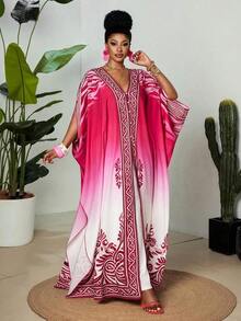 Vestido maxi con cuello en V, mangas tipo murciélago y botones para mujer talla grande, de primavera/verano, estilo bohemio, elegante y lujoso, relajado y vintage, para usar en la playa, con estampado geométrico degradado, cómodo y holgado tipo kaf - Multicolor - Ver 7