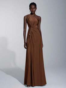 Vestido holgado de dama de honor de línea A con un hombro, de tela elástica tejida de color verde romántico y elegante - Marrón - Ver 5