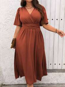 Vestido maxi de verano para mujer talla grande, de manga corta con volantes y cuello en V de un solo color - Óxido marrón - Ver 4