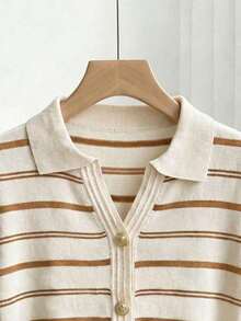Nueva blusa de punto de manga corta holgada con cuello vuelto, diseño elegante para ir al trabajo, con decoración de rayas de color contrastante y botones metálicos delicados - Multicolor 7 - Ver 4