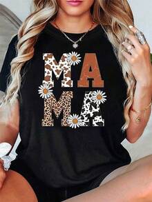 New 2026 Women's T-Shirts, Couple T-Shirts, Unique MAMA T-Shirt With Floral And Cow Print Design, Ideal For Modern Moms And Y2k Style Lovers, Comfortable And Perfect For Any Occasion, Adds A Fun And Fresh Touch To Your Wardrobe. - 黑色 - 查看 1