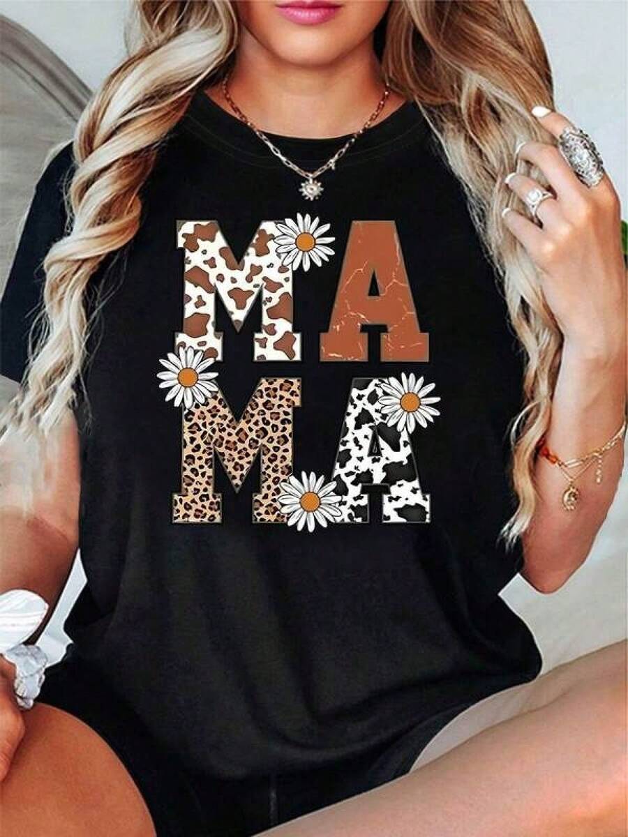 New 2026 Women's T-Shirts, Couple T-Shirts, Unique MAMA T-Shirt With Floral And Cow Print Design, Ideal For Modern Moms And Y2k Style Lovers, Comfortable And Perfect For Any Occasion, Adds A Fun And Fresh Touch To Your Wardrobe. - 黑色 - 查看 1