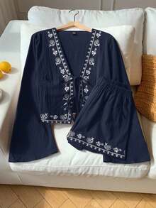 Conjunto de blusa con amarre al frente y shorts con estampado de anacardo para mujer, en estilo bohemio - Azul marino - Ver 3