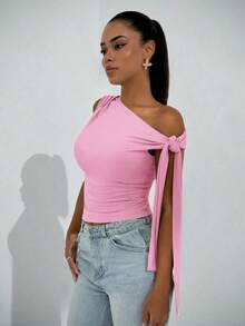 Elegante blusa de mujer con hombros asimétricos y cuello con lazo, adecuada para citas casuales, fiestas nocturnas, uso diario, otoño - Rosa Pálido - Ver 5