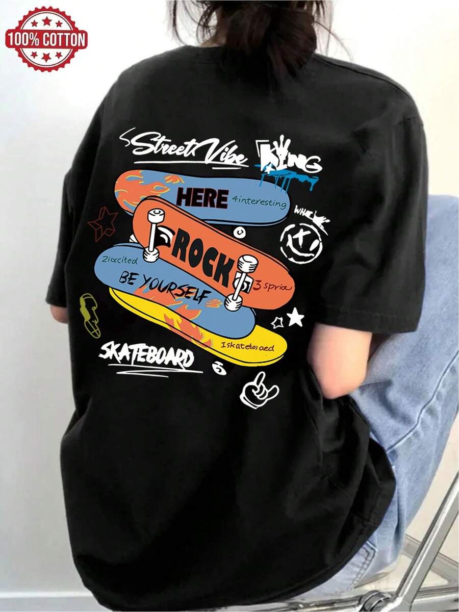 Modern 100% Cotton Skate-Style T-Shirt With Vibrant Print, Versatile Urban Design, Comfortable And Original For Young Men And Women, One Size Fits All, Black Color, Popular Casual Fashion - 黑色 - 查看 1